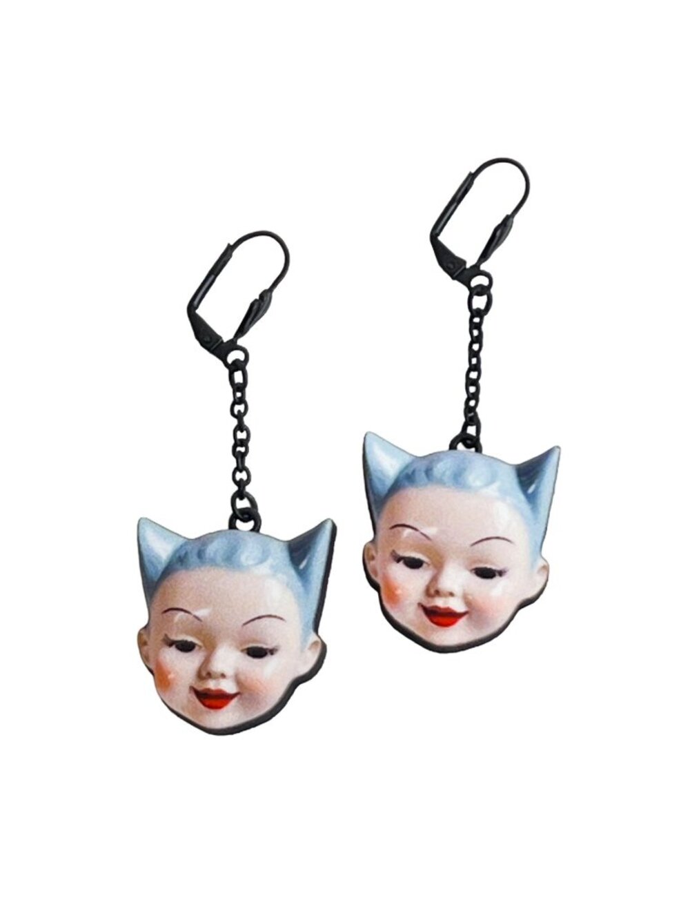 Vintage Style Kitsch Cat Doll Face Blue Ears Earrings – Leverback Ear Wires